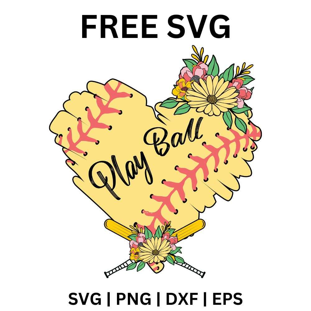 Yellow heart-shaped softball with red stitches, play ball script and pink and yellow flowers with green leaves, free play ball softball heart SVG cut file preview.