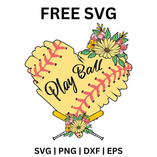 Yellow heart-shaped softball with red stitches, play ball script and pink and yellow flowers with green leaves, free play ball softball heart SVG cut file preview.