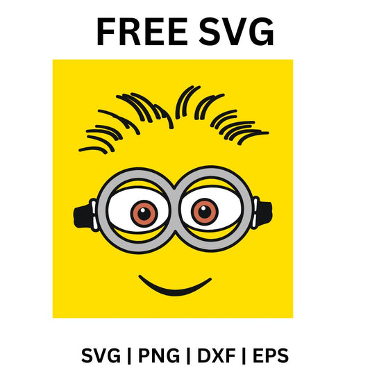 Bright yellow square face with two big goggle eyes, a few hair strands and a simple smile, free yellow helper face SVG cut file preview.