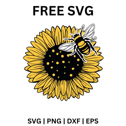 Bright yellow sunflower with a dark seed center and a striped honey bee landing on its petals, free sunflower and bee SVG cut file preview.