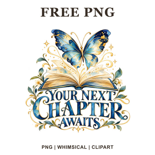 Blue and gold butterfly over an open book with gold sparkles and greenery above Your Next Chapter Awaits navy lettering, free motivational PNG clipart preview.