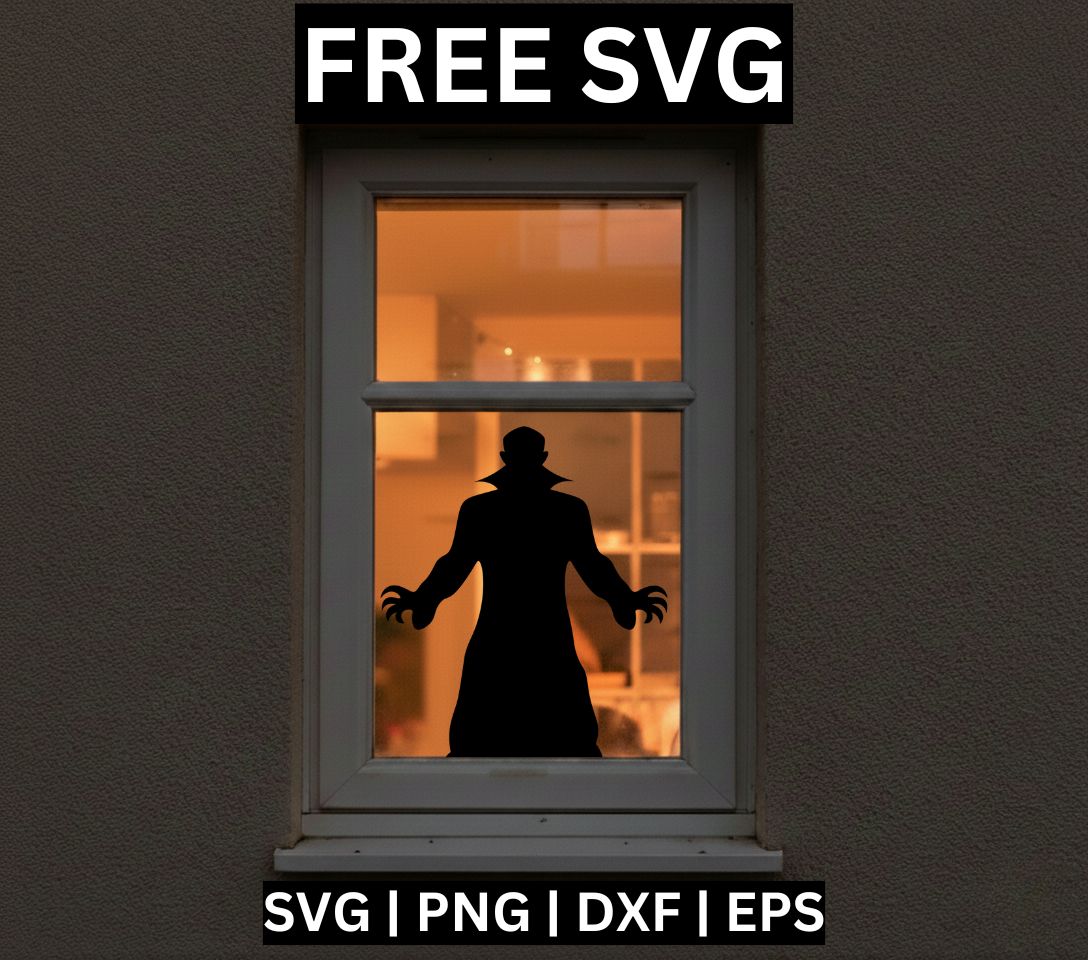 Black zombie silhouette in a hat and long coat with clawed hands raised, shown as a window cling on a warmly lit window, free Halloween window decoration SVG cut file preview.