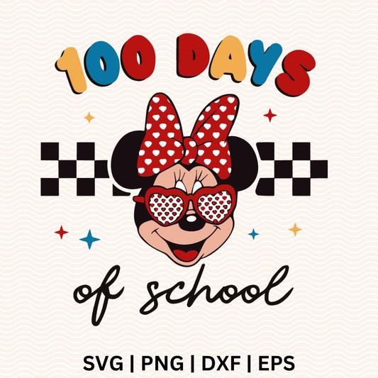 Colorful retro 100 Days of School text with a cartoon mouse wearing a red heart-print bow and heart sunglasses between black and white checkered patterns and small sparkles, free 100 days of school SVG cut file preview.