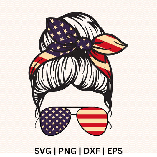 4th Of July American Messy Bun SVG Free - Layered with sunglasses-8SVG