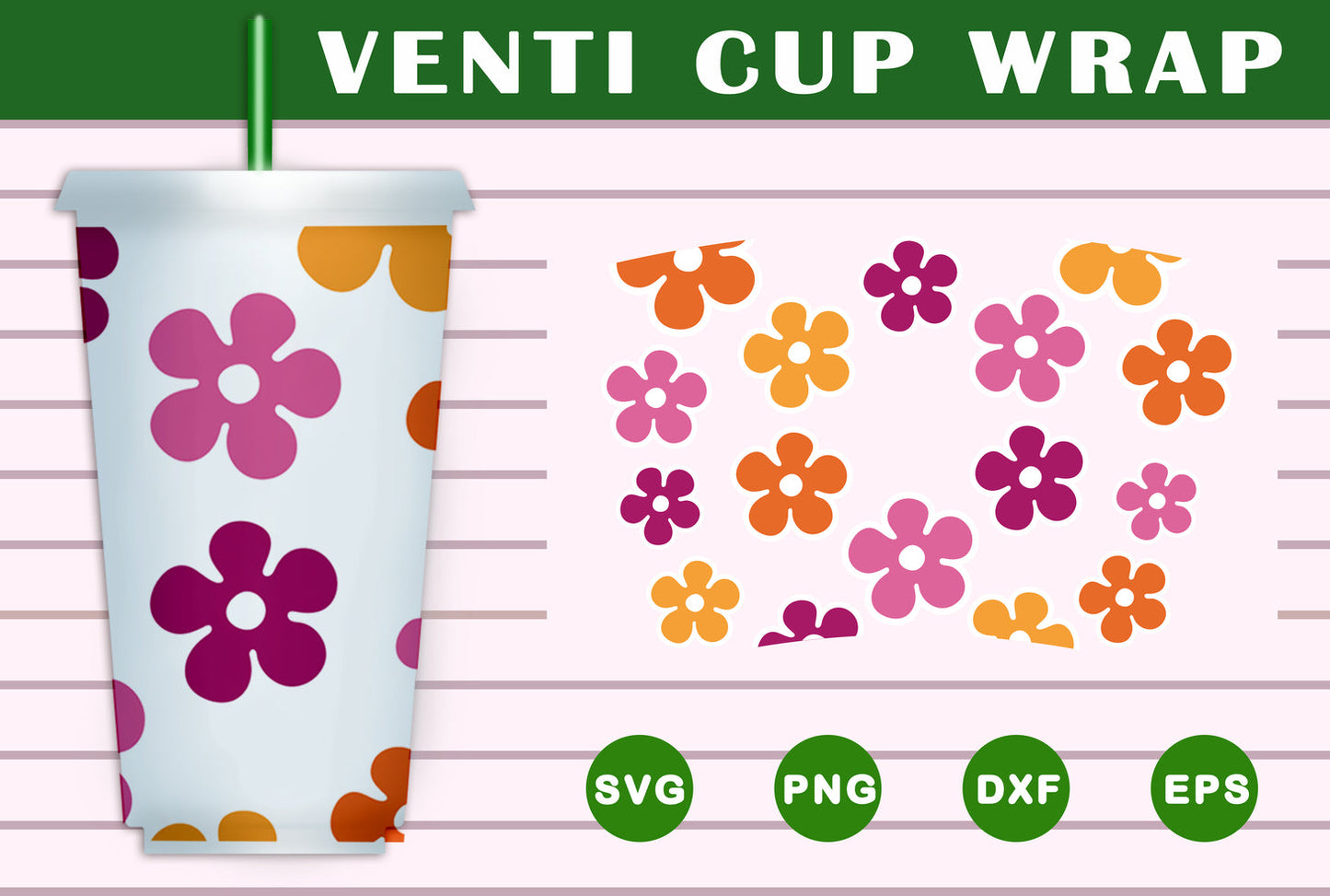 Retro Flower Venti Cup Wrap SVG Free And Png Download- 8SVG
