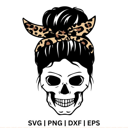 Messy Bun Skull Leopard SVG Free File for Cricut with sunglasses