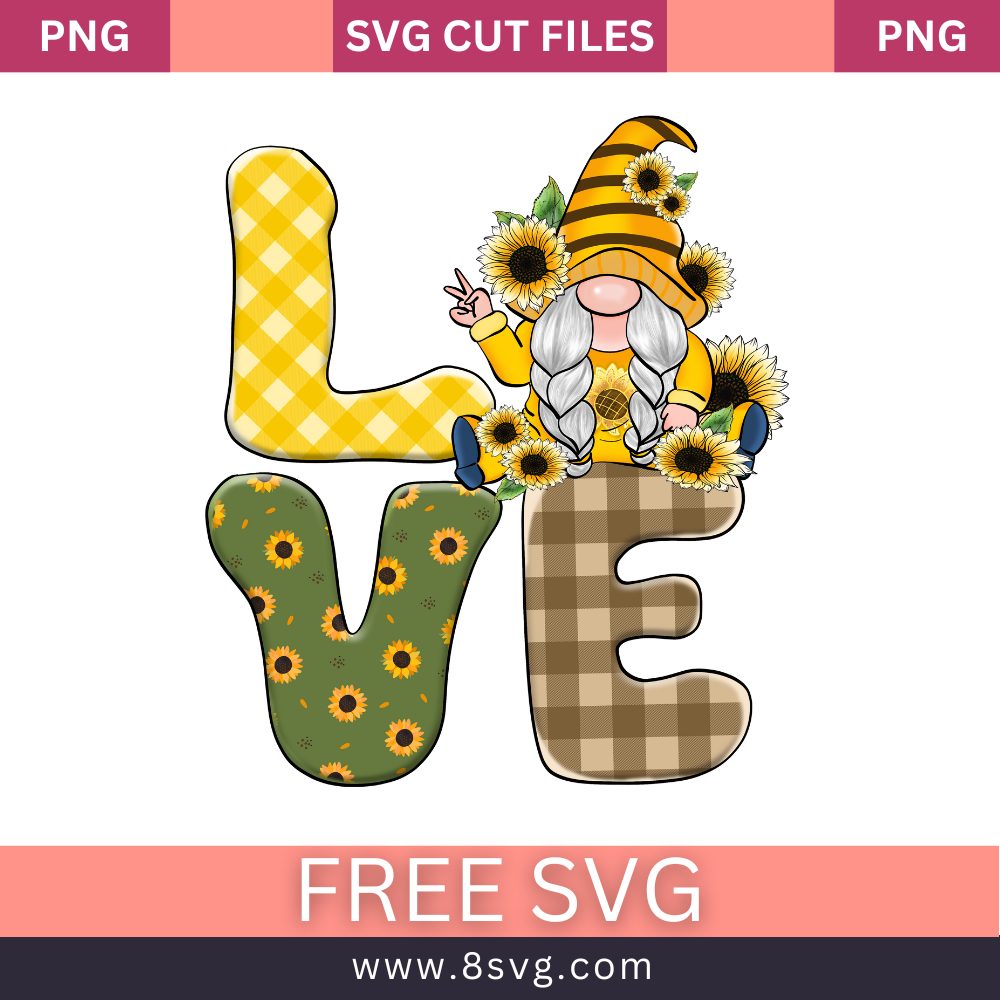Love Gnome Sunflower Free Cut File for Cricut- 8SVG