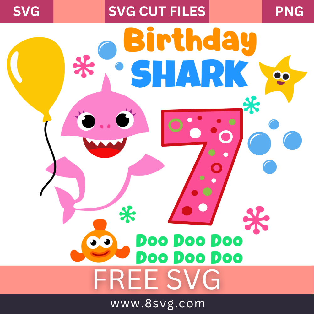 Happy 7th Birthday Baby Shark Girl Svg Free Cut Fil for Cricut- 8SVG