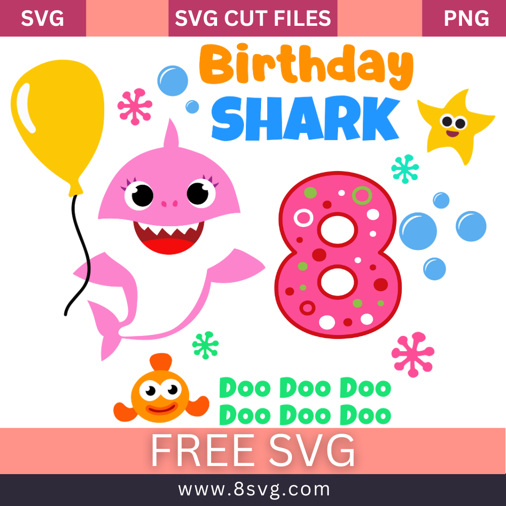 Happy 8th Birthday Baby Shark Girl Svg Free Cut File for Cricut- 8SVG
