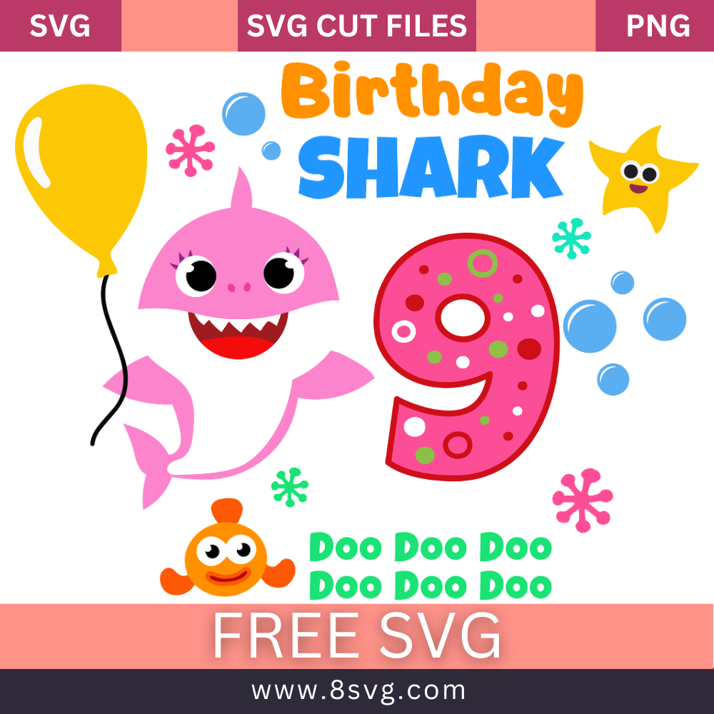 Happy 9th Birthday Baby Shark Girl Svg Free Cut File for Cricut Crafts- 8SVG