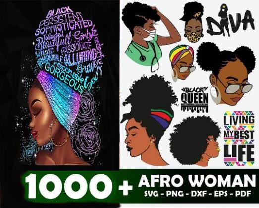 Afro woman SVG bundle with a glittery headwrap word-art portrait and designs like Diva, Black Queen and Living My Best Life