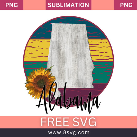 Gray weathered wood texture Alabama state map with a sunflower inside a round badge of yellow, teal and maroon stripes above black script Alabama lettering, free Alabama sunflower SVG cut file preview.