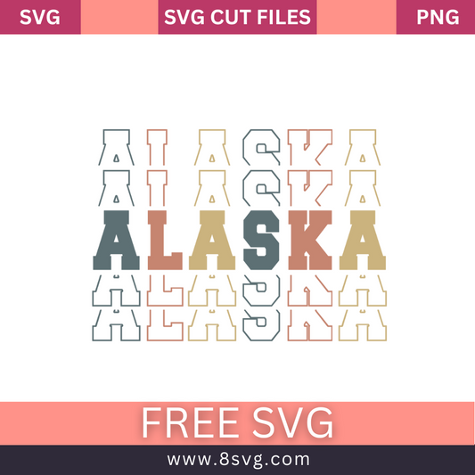 Stacked retro ALASKA lettering in gray, terracotta and tan with repeating outline echoes above and below, free Alaska stacked text SVG cut file preview.
