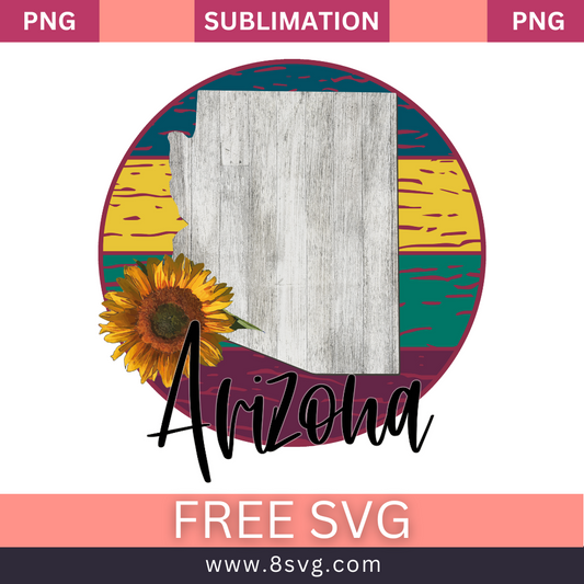 Gray weathered wood texture Arizona state map with a sunflower inside a round badge of yellow, teal and maroon stripes above black script Arizona lettering, free Arizona sunflower SVG cut file preview.