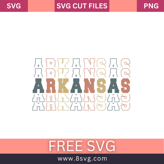 Stacked retro ARKANSAS lettering in gray, tan and terracotta with repeating outline echoes above and below, free Arkansas stacked text SVG cut file preview.