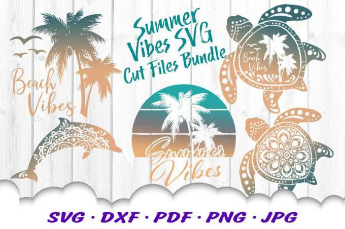 Summer Vibes SVG bundle with teal and peach palm trees, mandala sea turtles, a dolphin and Beach Vibes text on wood