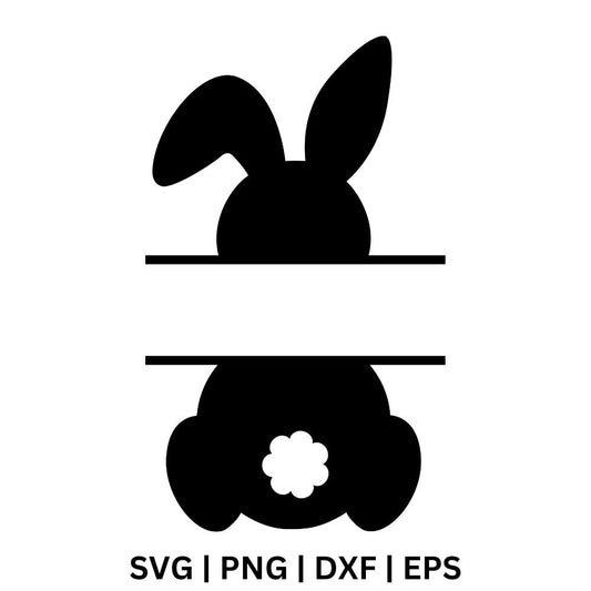 Black split bunny monogram silhouette with one floppy ear, a blank name space between two lines and a white fluffy tail, free Easter bunny monogram SVG cut file preview.