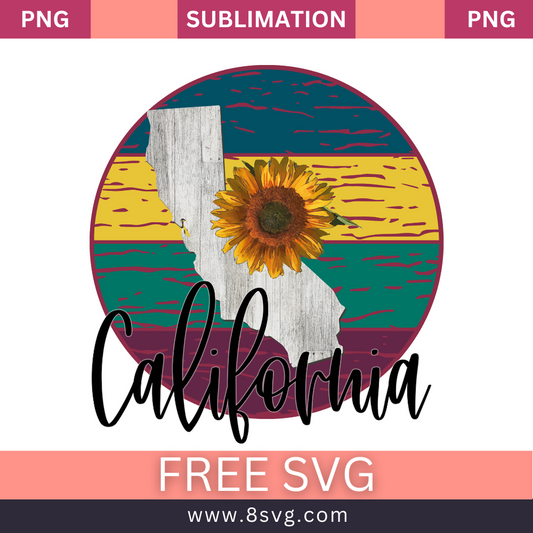 Gray weathered wood texture California state map with a sunflower inside a round badge of yellow, teal and maroon stripes above black script California lettering, free California sunflower SVG cut file preview.