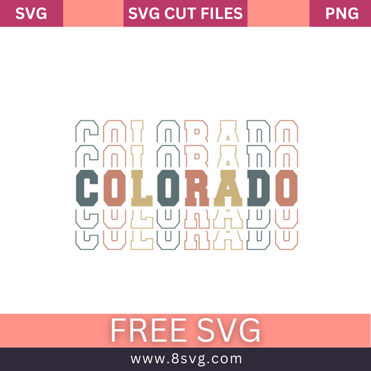 Stacked retro COLORADO lettering in gray, terracotta and tan with repeating outline echoes above and below, free Colorado stacked text SVG cut file preview.