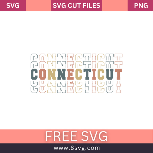 Stacked retro CONNECTICUT lettering in gray, terracotta and tan with repeating outline echoes above and below, free Connecticut stacked text SVG cut file preview.