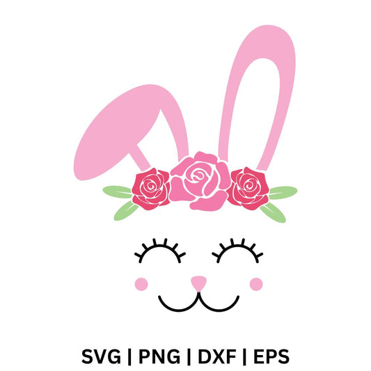 Cute pink bunny face with long ears, a crown of pink roses and green leaves, long eyelashes, rosy cheeks and a smile, free Easter bunny face SVG cut file preview.