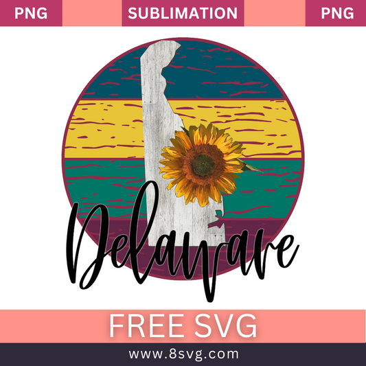 Gray weathered wood texture Delaware state map with a sunflower inside a round badge of yellow, teal and maroon stripes above black script Delaware lettering, free Delaware sunflower SVG cut file preview.