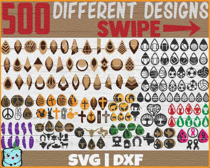 Earring SVG bundle preview with 500 teardrop and leaf earring designs including sports balls, crosses and ribbons
