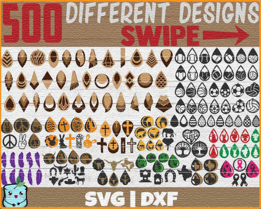 Earring SVG bundle preview with 500 teardrop and leaf earring designs including sports balls, crosses and ribbons