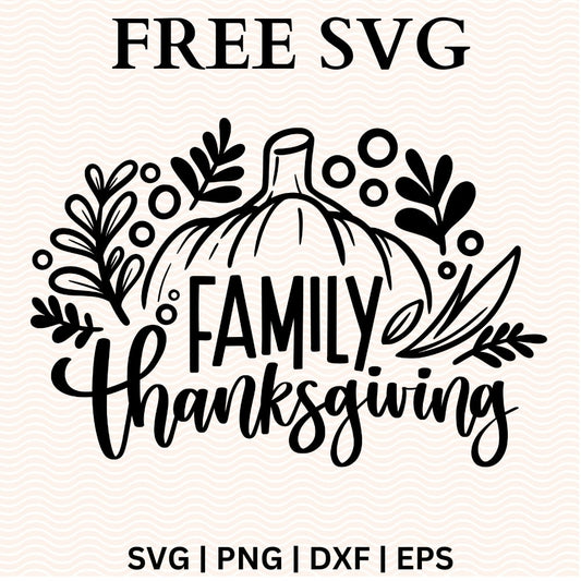 Black Family Thanksgiving lettering in front of a pumpkin outline surrounded by leafy branches and berry circles, free family thanksgiving pumpkin SVG cut file preview.