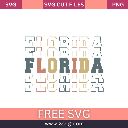Stacked retro FLORIDA lettering in gray, terracotta and tan with repeating outline echoes above and below, free Florida stacked text SVG cut file preview.