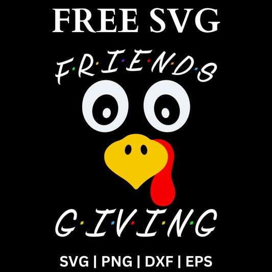 Turkey face with big white eyes, yellow beak and red wattle between white Friendsgiving lettering dotted with colorful circles on a black background, free friendsgiving turkey SVG cut file preview.