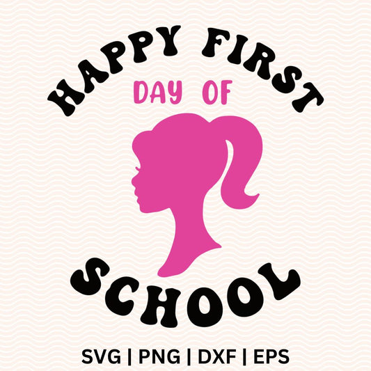 Pink girl silhouette with a high ponytail inside curved black Happy First Day of School lettering, free first day of school SVG cut file preview.