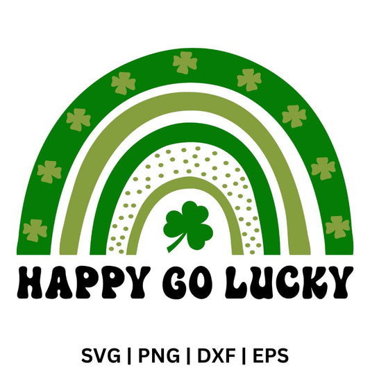 Green and olive rainbow arches with small shamrocks and dots around a center shamrock above black groovy Happy Go Lucky text, free happy go lucky rainbow SVG cut file preview.