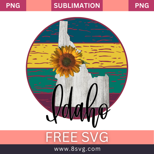 Gray weathered wood texture Idaho state map with a sunflower inside a round badge of yellow, teal and maroon stripes above black script Idaho lettering, free Idaho sunflower SVG cut file preview.