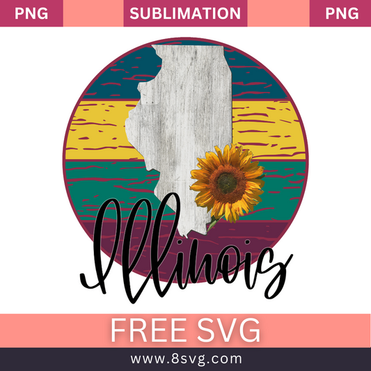 Gray weathered wood texture Illinois state map with a sunflower inside a round badge of yellow, teal and maroon stripes above black script Illinois lettering, free Illinois sunflower SVG cut file preview.