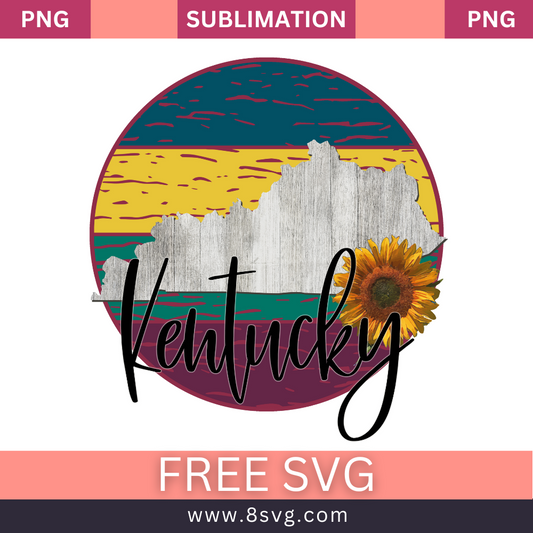 Gray weathered wood texture Kentucky state map with a sunflower inside a round badge of yellow, teal and maroon stripes above black script Kentucky lettering, free Kentucky sunflower SVG cut file preview.