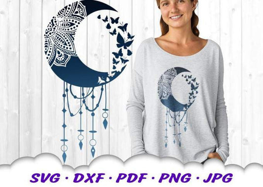 Mandala butterfly dreamcatcher SVG: crescent moon mandala with butterflies and beads, on a gray long sleeve shirt mockup