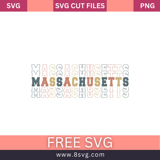 Stacked retro MASSACHUSETTS lettering in gray, tan and peach with repeating outline echoes above and below, free Massachusetts stacked text SVG cut file preview.