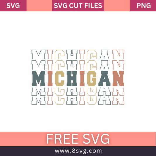 Stacked retro MICHIGAN lettering in gray, tan and peach with repeating outline echoes above and below, free Michigan stacked text SVG cut file preview.