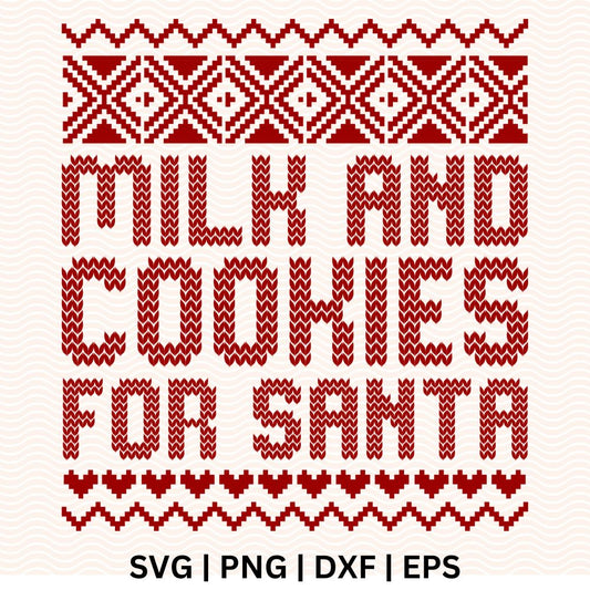 Red knit-style Milk and Cookies for Santa lettering with diamond patterned top border and heart and zigzag bottom border, free milk and cookies ugly sweater SVG cut file preview.