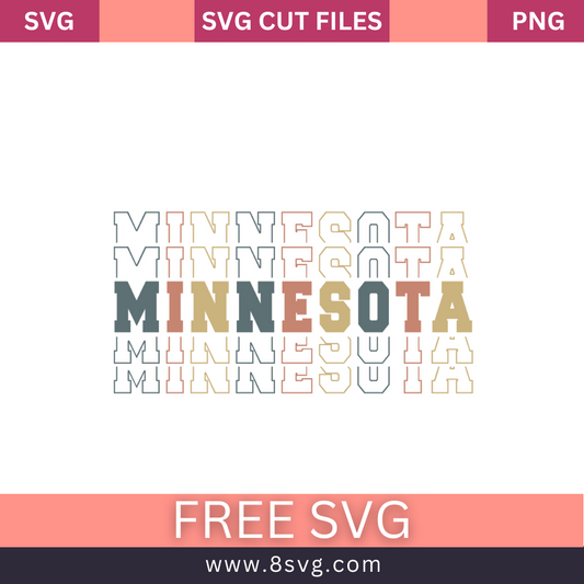 Stacked retro MINNESOTA lettering in gray, tan and peach with repeating outline echoes above and below, free Minnesota stacked text SVG cut file preview.