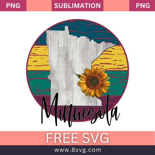 Gray weathered wood texture Minnesota state map with a sunflower inside a round badge of yellow, teal and maroon stripes above black script Minnesota lettering, free Minnesota sunflower SVG cut file preview.