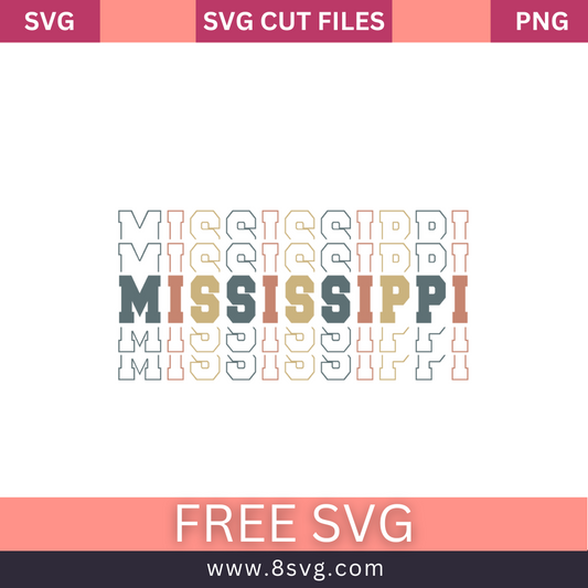 Stacked retro MISSISSIPPI lettering in gray, tan and peach with repeating outline echoes above and below, free Mississippi stacked text SVG cut file preview.
