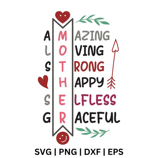 Vertical MOTHER banner with red heart and leaf branches and an acrostic list of words like amazing, loving, strong, happy, selfless and graceful in black, gray and burgundy, free Mother's Day quote SVG cut file preview.