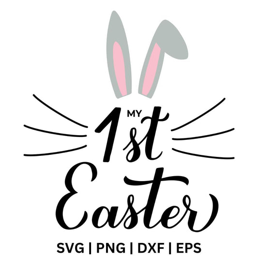 Black script My 1st Easter text with gray and pink bunny ears above and whisker lines on both sides, free my first Easter SVG cut file preview.