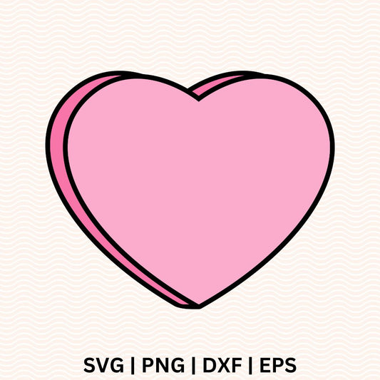 Light pink heart with a thick black outline and a darker pink 3D edge, with space left blank for text, free Valentine candy heart SVG cut file preview.