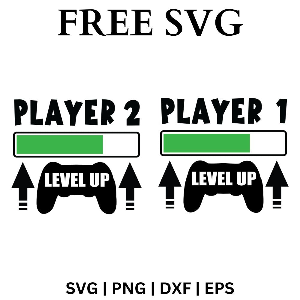 Two matching black game controllers with green loading bars, up arrows and Level Up text under Player 2 and Player 1 headings, free player 1 player 2 level up gamer SVG cut file preview.