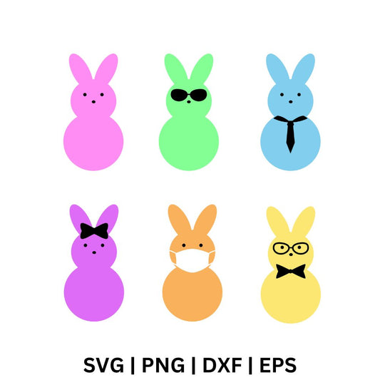 Six colorful round Easter bunnies in pink, green, blue, purple, orange and yellow wearing sunglasses, a tie, a bow, a face mask and glasses, free Easter bunny SVG cut file preview.
