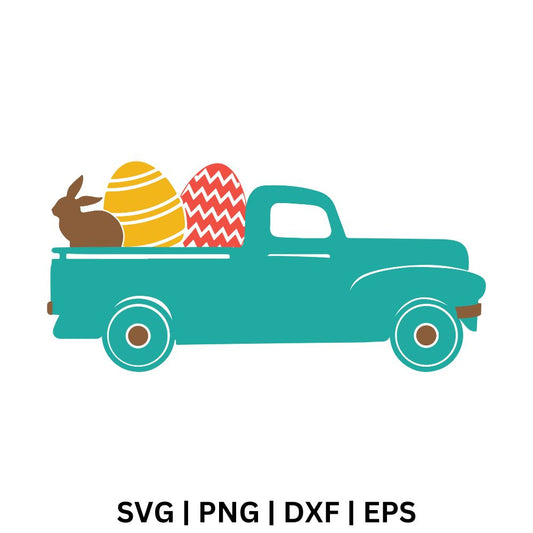 Teal vintage pickup truck carrying a brown bunny, a yellow patterned Easter egg and a red zigzag Easter egg, free Easter truck SVG cut file preview.