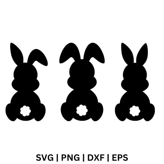 Three black bunny silhouettes seen from behind with different ear shapes and white flower-shaped tails, free Easter bunny silhouette SVG cut file preview.